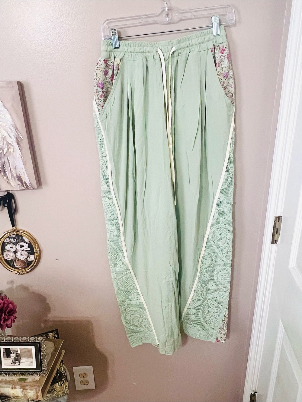 POL Light Sage Green Floral Lace -Trim Panel Pants